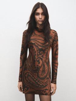 Mango Paisley Print Satin Mini Dress, Terracotta, Terracotta