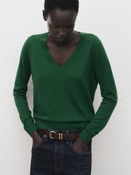 Mango Signature V-Neck Sweatshirt, Bottle Green, Bottle Green