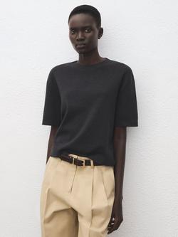 Mango Crew Neck Short Sleeve Wool Blend Jumper, Mid Grey Melange