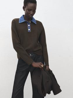 Mango Collared Knit Polo Jumper, Chocolate, Chocolate