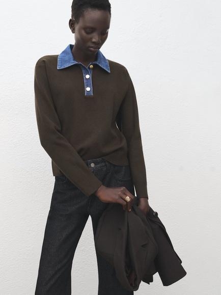 Mango Collared Knit Polo Jumper, Chocolate, Chocolate