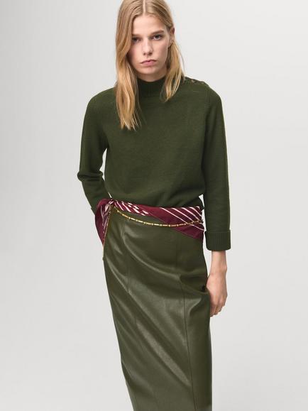 Mango High Neck Button Shoulder Jumper, Khaki