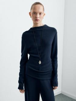 Mango High Neck Fine Knit Jumper, Navy, Navy