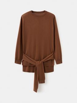 Mango Belted Layered Knit Tunic Top, Caramel, Caramel
