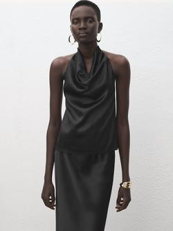 Mango Draped Cowl Halterneck Top, Black, Black