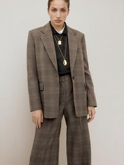 Mango High Waist Check Wide Leg Trousers, Brown, Brown