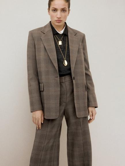 Mango High Waist Check Wide Leg Trousers, Brown, Brown