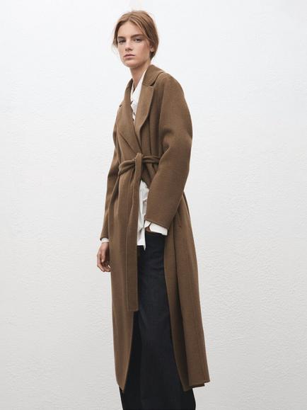 Mango Belted Longline Wool Blend Coat, Camel, Camel