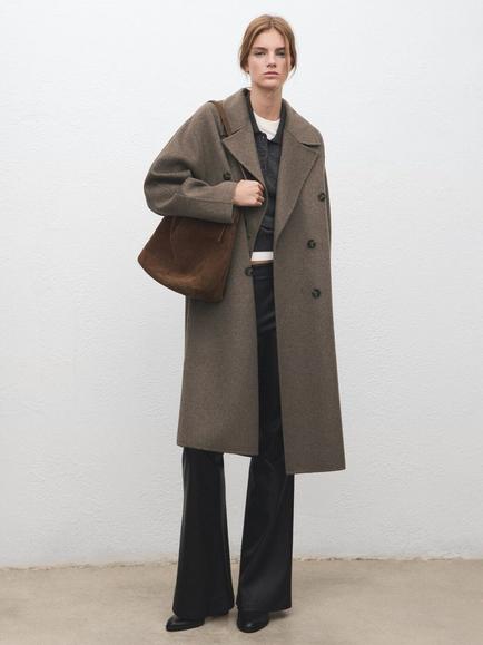 Mango Oversized Double Breasted Wool Rich Coat, Taupe