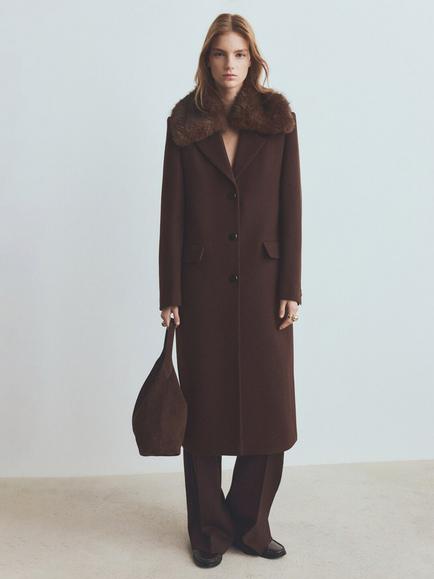 Mango Faux Fur Collar Wool Blend Coat, Chocolate, Chocolate