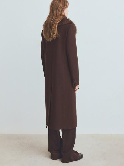 Mango Faux Fur Collar Wool Blend Coat, Chocolate - view 2, Chocolate