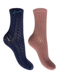 Charnos Pelerine & Rib Ankle Socks, Pack of 2, Navy/Pink