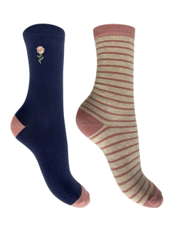 Charnos Stripe & Floral Ankle Socks, Pack of 2, Navy/Pink, Navy/Pink