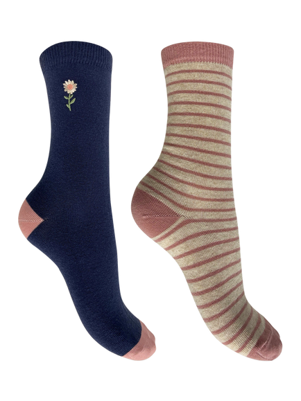 Charnos Stripe & Floral Ankle Socks, Pack of 2, Navy/Pink, Navy/Pink