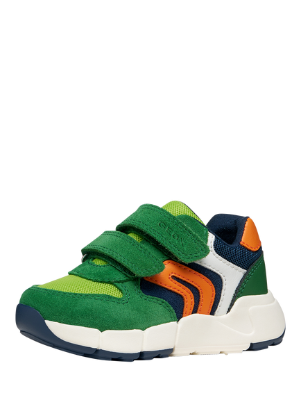 Geox Kids' Flexyper Mini Suede Trainers, Green/Orange - view 2, Green/Orange