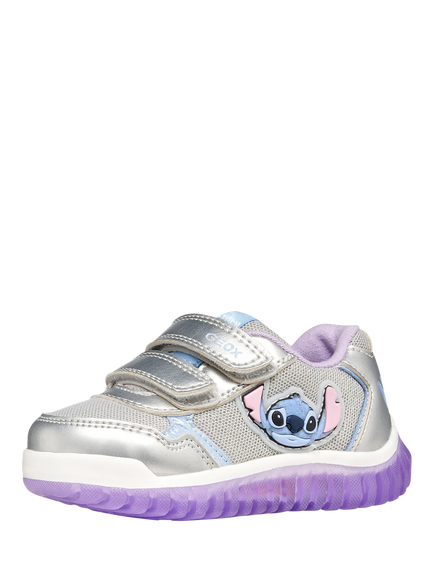 Geox Kids' Lightyloo Disney Stitch Light Up Trainers, Silver/Lilac - view 2, Silver/Lilac