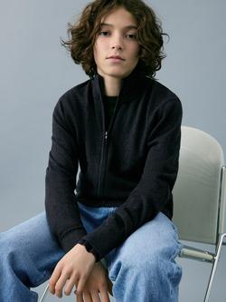 Mango Kids' High Neck Zipped Cardigan, Anthracite - view 2, Anthracite