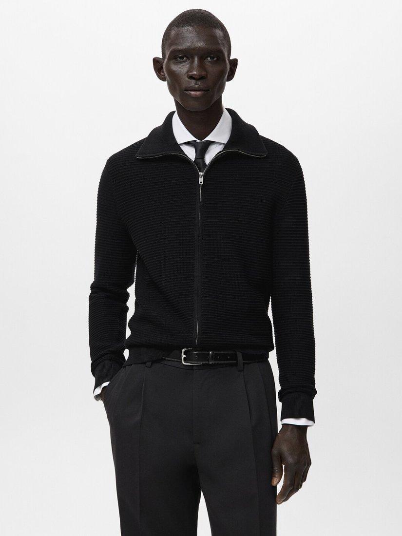 Product image 1 of 6, which shows Mango Cotton Knit Collar Zip-Through Cardigan, Black, S