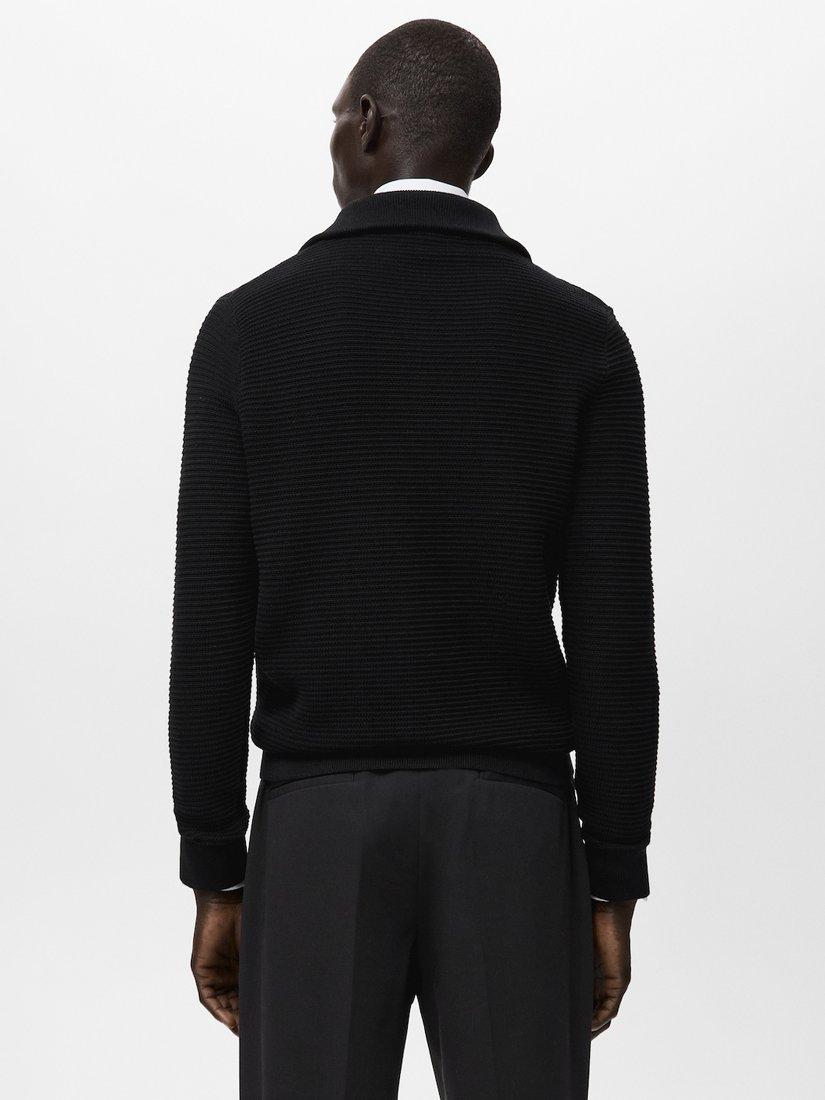 Product image 2 of 6, which shows Mango Cotton Knit Collar Zip-Through Cardigan, Black, S