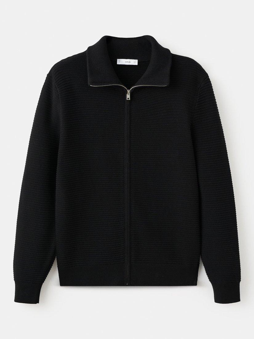 Product image 4 of 6, which shows Mango Cotton Knit Collar Zip-Through Cardigan, Black, S