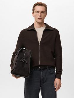 Mango Cotton Knit Collar Zip-Through Cardigan, Chocolate, Chocolate