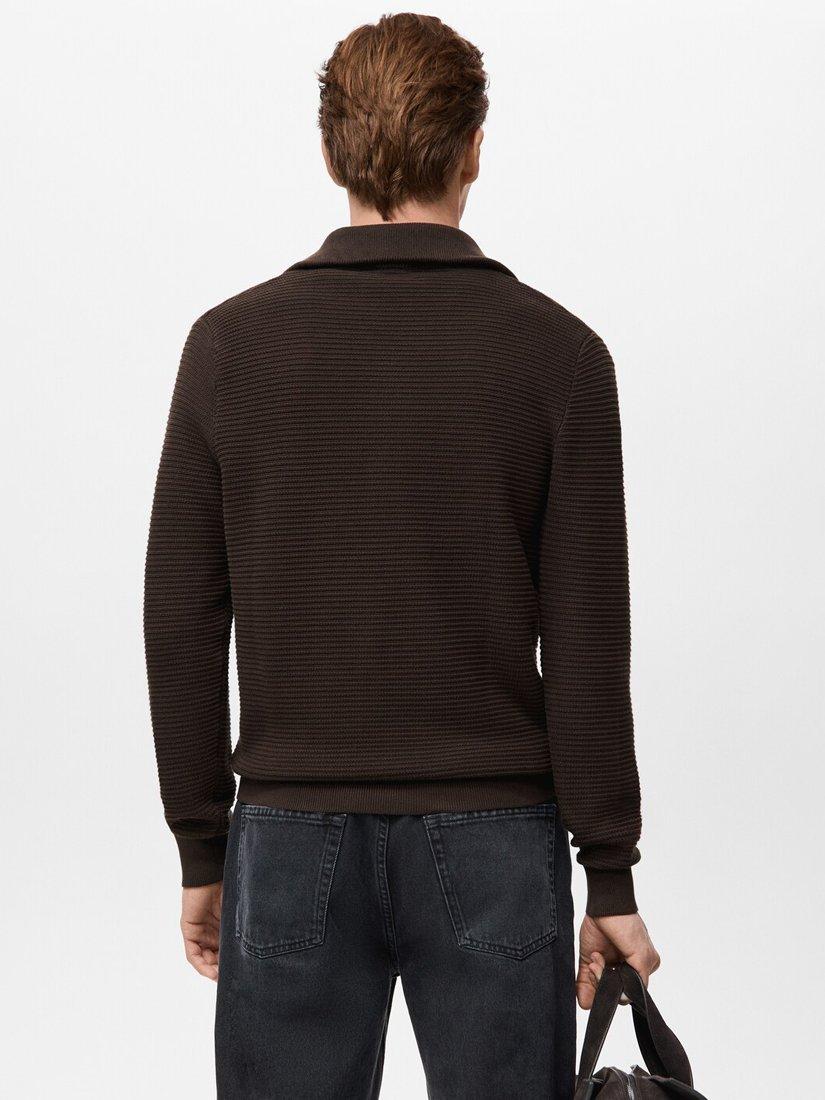 Product image 2 of 6, which shows Mango Cotton Knit Collar Zip-Through Cardigan, Chocolate, S