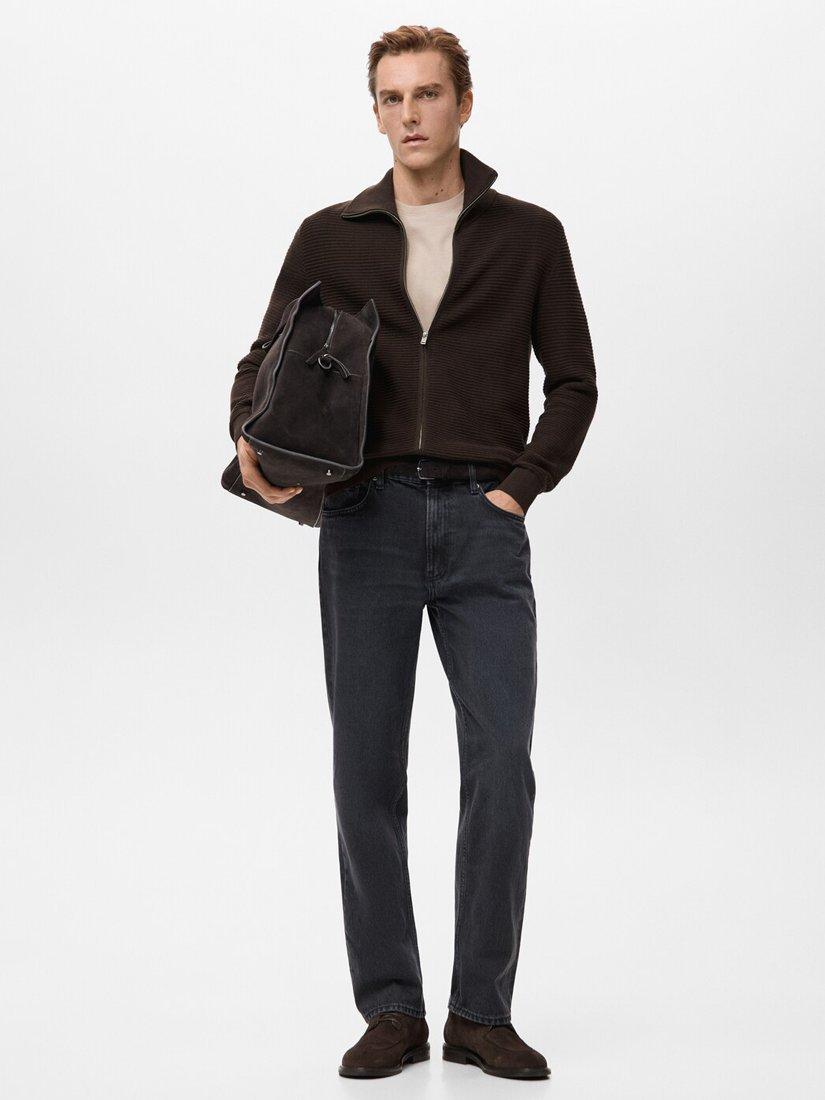 Product image 3 of 6, which shows Mango Cotton Knit Collar Zip-Through Cardigan, Chocolate, S