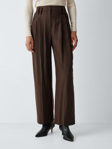 John Lewis Wool Rich Pleated Tailored Trousers, Chocolate, Chocolate