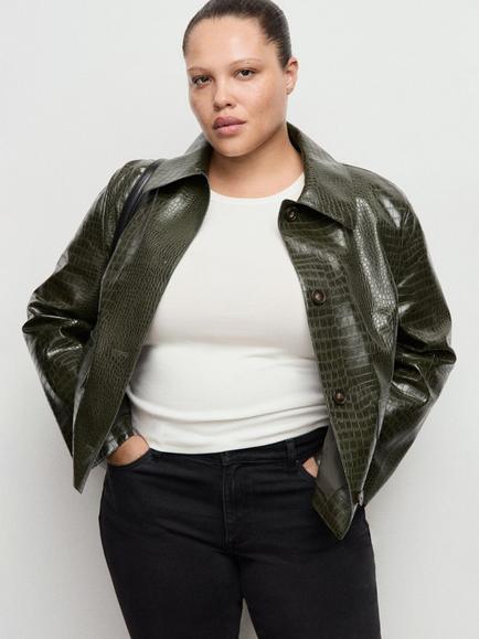 Mango Crocodile Textured Cropped Jacket, Khaki, Khaki