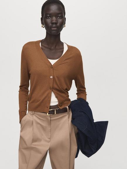 Mango V-Neck Long Sleeve Cardigan, Tobacco, Tobacco