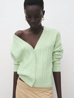 Mango V-Neck Cable Knit Cardigan, Green, Green