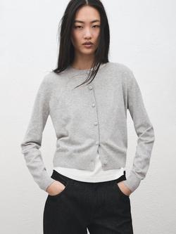 Mango Crew Neck Cropped Cardigan, Light Grey, Light Grey