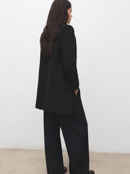 Mango Double Breasted Longline Wool Blend Coat, Black - view 2, Black