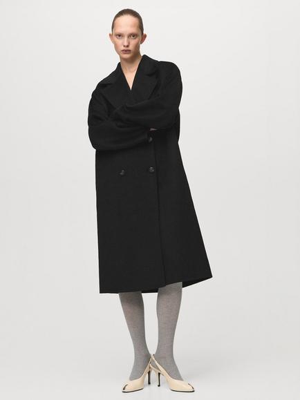 Mango Double Breasted Oversized Wool Blend Coat, Black, Black