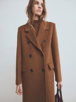 Mango Double Breasted Longline Overcoat, Brown, Brown