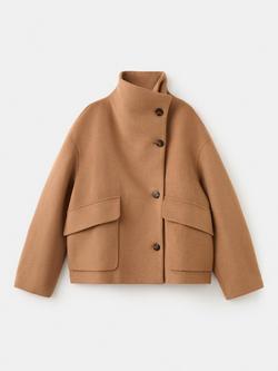 Mango Funnel Neck Oversized Wool Blend Jacket, Camel, Camel