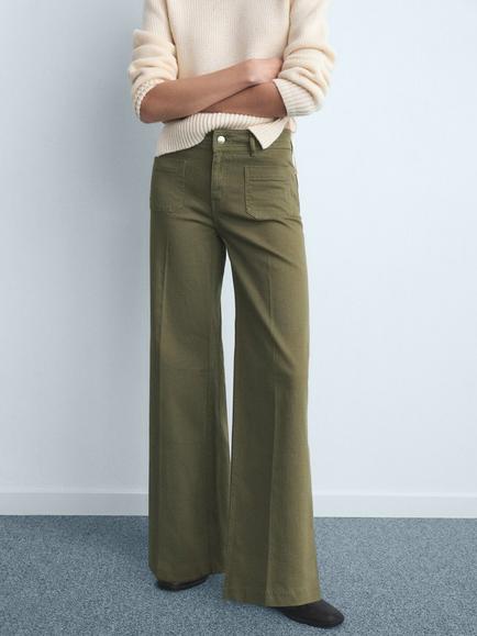 Mango Jessie Patch Pocket Wide Leg Jeans, Khaki