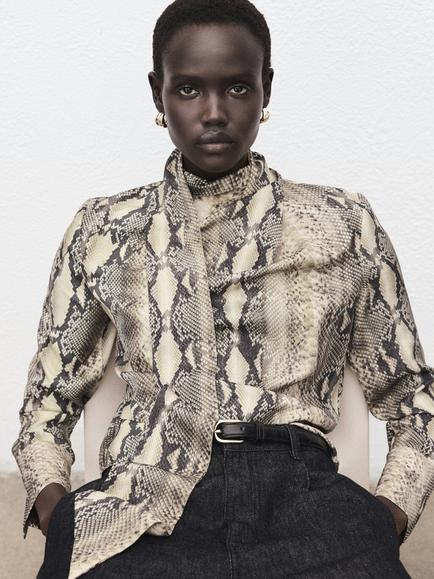 Mango Snake Print Tie Neck Top, Brown, Brown