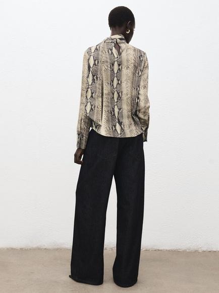 Mango Snake Print Tie Neck Top, Brown - view 2, Brown