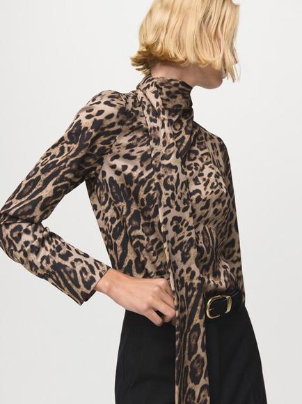 Mango Animal Print Tie Neck Top, Black, Black