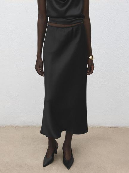Mango Bias Cut Midi Skirt, Black, Black