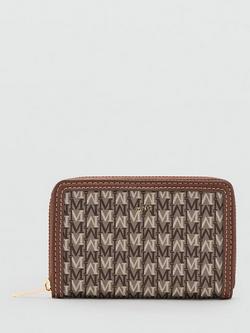 Mango Billetera Compact Monogram Zip Around Purse, Brown, Brown