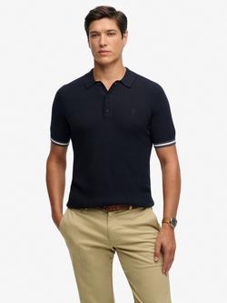 Superdry Cotton Regular Fit Short Sleeve Knitted Textured Polo Shirt, Classic Navy Stag, Classic Navy Stag