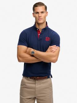 Superdry Cotton Regular Fit Short Sleeve Monogram Pique Polo Shirt, Darkest Navy/Red