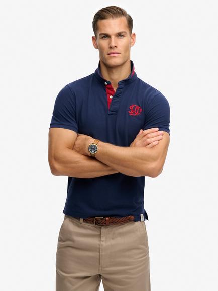 Superdry Cotton Regular Fit Short Sleeve Monogram Pique Polo Shirt, Darkest Navy/Red