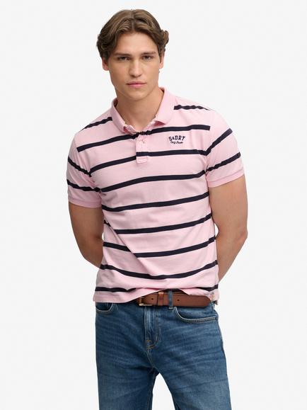 Superdry Cotton Regular Fit Vintage Stripe Jersey Polo Shirt, Pink/Navy