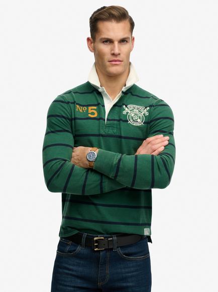 Superdry Cotton Double Emblem Stripe Rugby Shirt, Hunter Green, Hunter Green