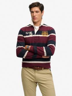 Superdry Cotton Double Emblem Stripe Rugby Shirt, Hunter Green, Port/Navy