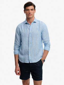 Superdry Riviera Linen Regular Fit Stripe Shirt, Classic Blue, Classic Blue