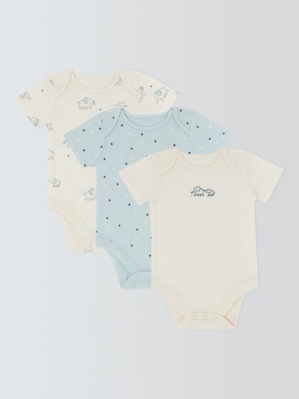 John Lewis Baby Elephant Bodysuits, Pack of 3, Blue, Blue